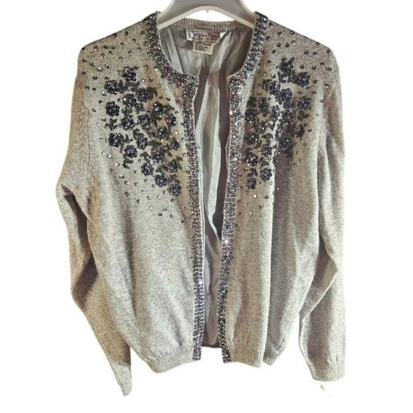 Vivien Forest Vintage Rabbit Wool Cardigan Sweater Floral Beaded Design Rhinesto - Picture 2 of 9
